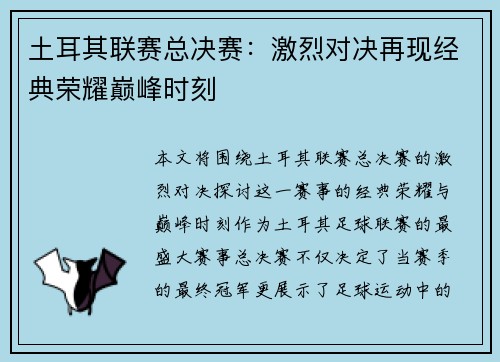 土耳其联赛总决赛：激烈对决再现经典荣耀巅峰时刻