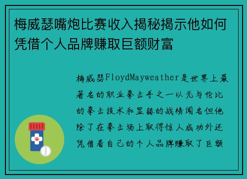 梅威瑟嘴炮比赛收入揭秘揭示他如何凭借个人品牌赚取巨额财富