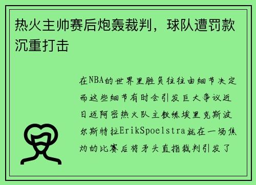 热火主帅赛后炮轰裁判，球队遭罚款沉重打击