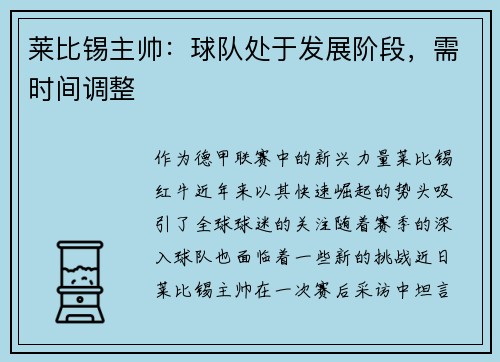 莱比锡主帅：球队处于发展阶段，需时间调整