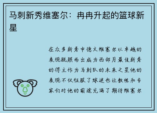 马刺新秀维塞尔：冉冉升起的篮球新星